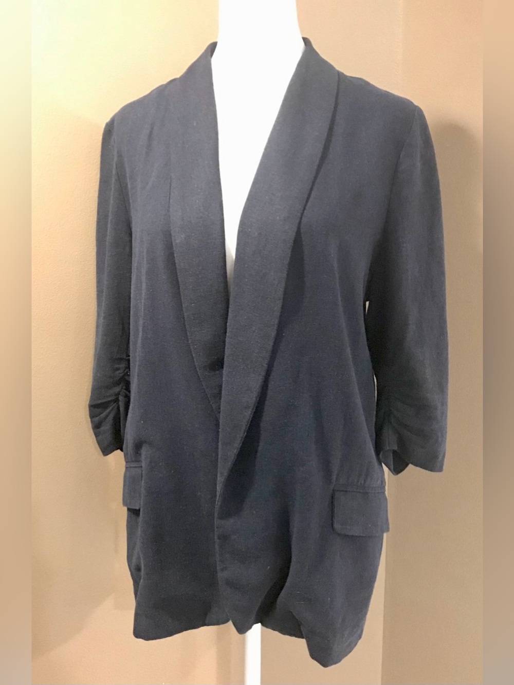 Necessary Objects Size Medium Navy Open Front Linen 3/4 Sleeve Blazer